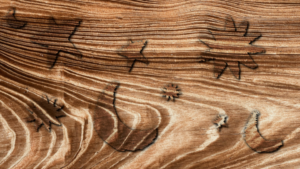 A piece of wood with nine images: a sun, moon, and a star in three different sizes each: small, medium, large